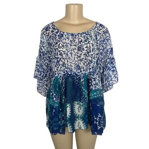 Marilu Beaded Sequin Floral Paisley Print Ruffle Boho Tunic Top Large Fairy Y2K
